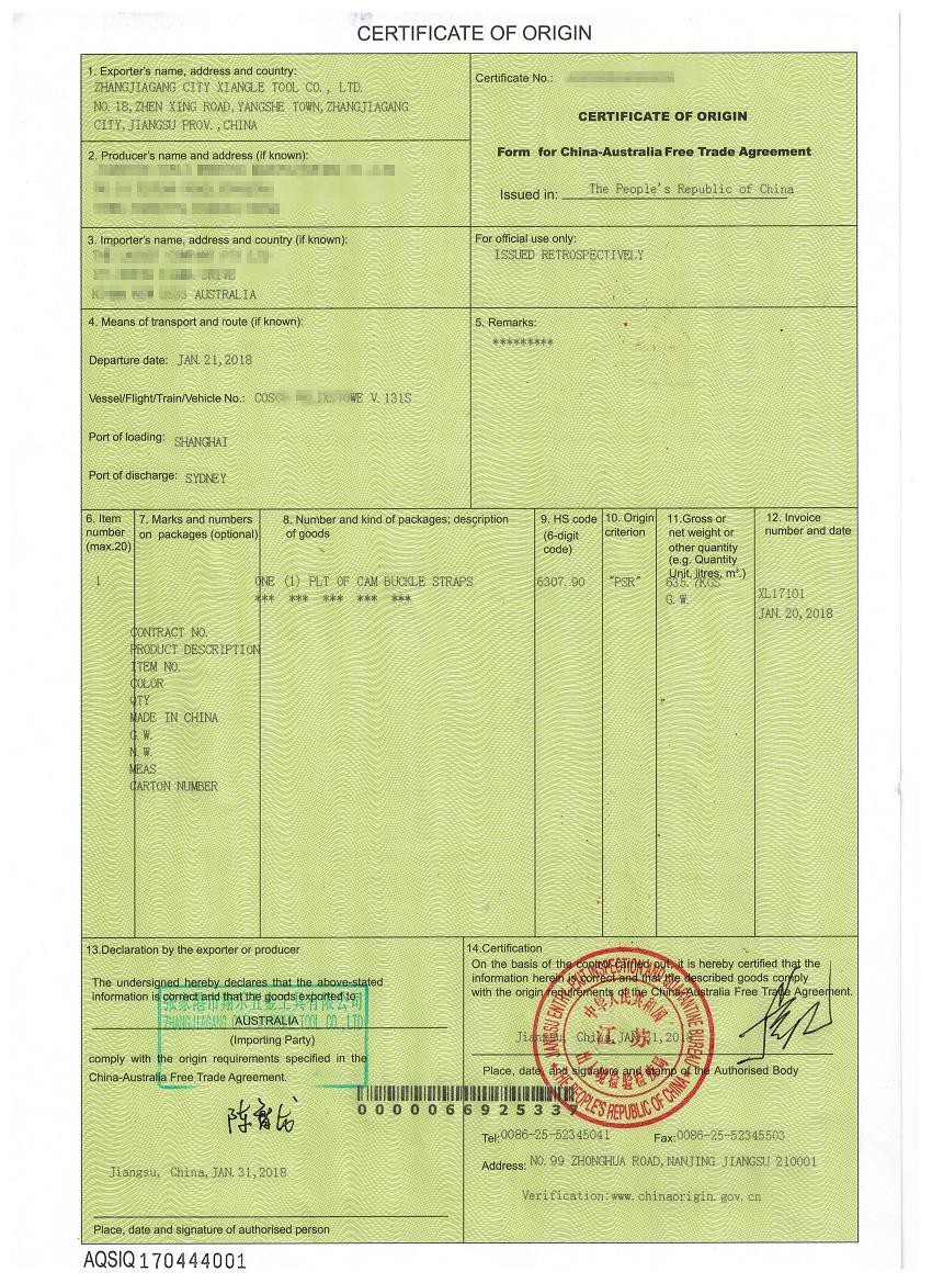 CERTIFICATO DI ORIGINE Modulo per l'accordo di libero scambio Cina-Australia